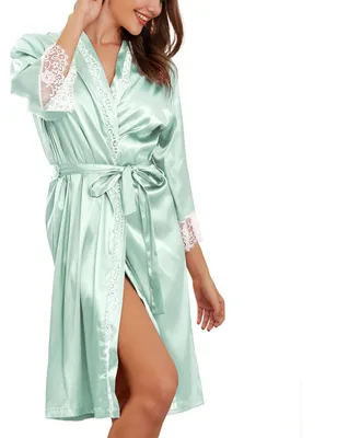 Productafbeelding van SHEKINI Badjas voor dames, kant en satijn, kimono-model met riem en V-hals