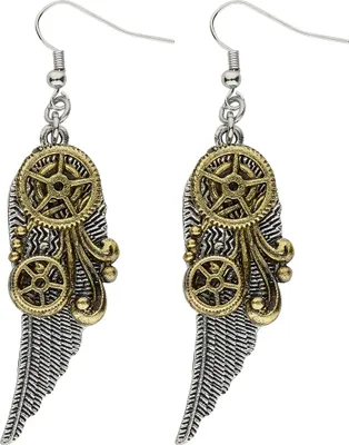 Image de Steampunk boucles d'oreilles avec des ailes et des engrenages 01784 | Argent Or
