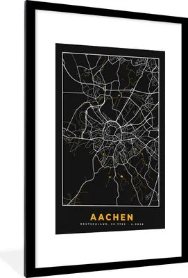 Produktbild von MuchoWow® Gerahmtes Poster Aachen - Gold - Stadtplan - Karte - Deutschland 60x90 cm - Poster mit Schwarzem Bilderrahmen Wandposter Rahmen Foto Bilder - Dekoration - Wandposter Wohnzimmer - Hochwertig