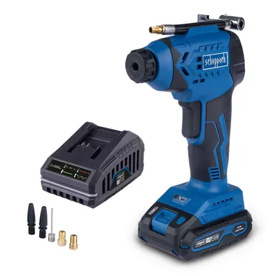 A cordless air compressor with its battery pack and accessories, displayed on a white background.