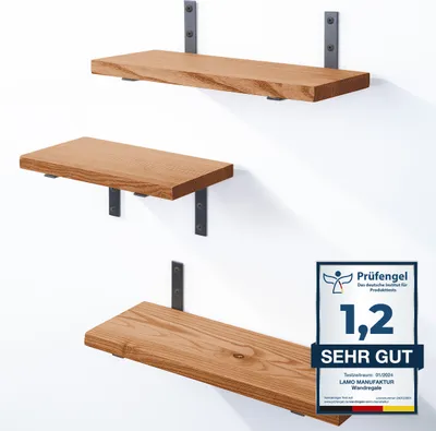 Produktbild von LAMO Manufaktur 3 Stück Wandregal Holz 40/35/30cm | Schweberegal Massiv 100% Echtholz | Hängeregal für Wohnzimmer, Schlafzimmer, Küche, Büro, Badezimmer | Wandregale SET 3 Gerade Farbe: Dunkel