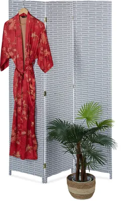 Obrázok produktu pre Relaxdays Paravent, 3-dielny, skladací paraván, VxŠ: 170x120 cm, plast a drevo, paraván do interiéru, sivá/biela