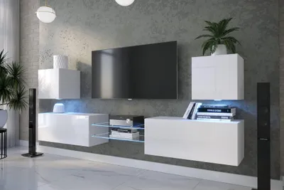 Image de Furnitech Mur de salon - Meubles de salon avec LED Blanc - Mur de salon suspendu Moderne - Mur d'armoire de salon(D144N-21W-HG2-1B)