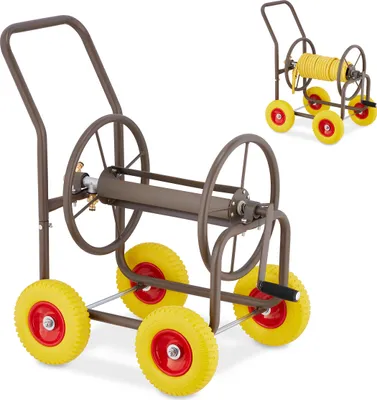 Produktbild von Relaxdays Schlauchwagen, bis 60 m, 4 Vollgummireifen, Klickkupplung, Schlauchtrommel Metall, Schlauchabroller, braun