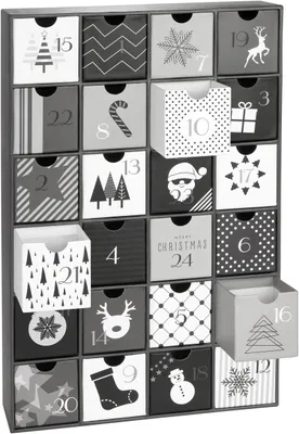 A black and white advent calendar with 24 numbered drawers, some of which are open.