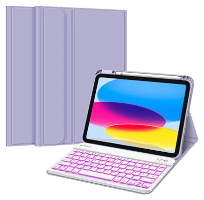 Produktbild von Fintie Hülle mit Tastatur für iPad 11 Generation 2025 11 Zoll, iPad 10 Generation 2022 10.9 Zoll, 7-farbig Beleuchteter Magnetischer Abnehmbarer Keyboard Hülle mit Stifthalter, Violett