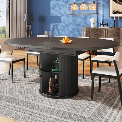 Obrázek produktu pro Rozkládací jídelní stůl, oválný, rozměry 118-158 x 118 x 76,8 cm, černý, s úložným prostorem