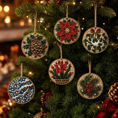 Produktbild von Diamond Painting Set, 6 Pack DIY 5D Christmas Diamond Painting, Hölzerne Christbaumanhänger zum Selbstgestalten-A