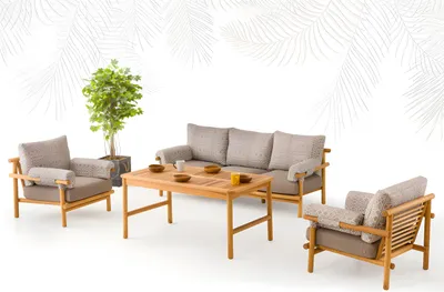 Immagine prodotto di Set di mobili da giardino in legno e tessuto beige con divano e poltrone