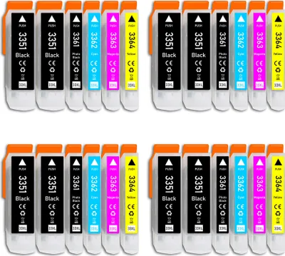 A collection of ink cartridges arranged in two rows.
