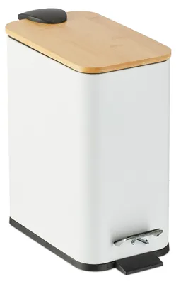 Image de Relaxdays - Poubelle de salle de bain, 5 litres, seau intérieur amovible, poubelle pour produits cosmétiques, métal, poubelle de salle de bain avec couvercle en bambou, blanche