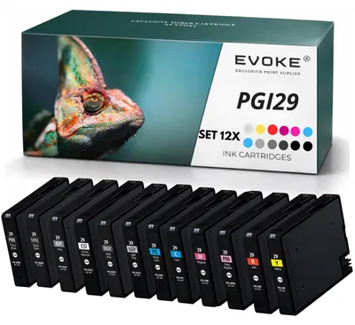 Produktbild von Evoke kompatible Tinte für Canon PGI-29 PGI29 12x Foto:Mattschwarz,Fotoschwarz,Cyan,Magenta,Gelb,Fotocyan,Fotomagenta,Grau,Hellgrau,Dunkelgrau,Rot,Chroma Optimizer 456 ml PIXMA PRO-1