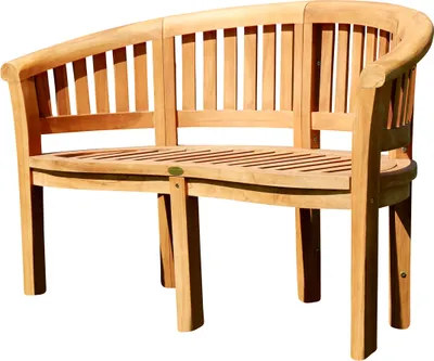 A wooden garden bench against a white background.