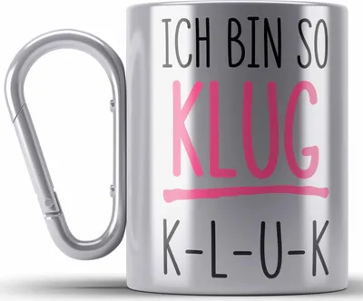 Produktbild von Trendation - Ich Bin So Klug KLUK Lustige Edelstahl Tasse Karabiner mit Spruch Karabiner Edelstahl Tasse Karabiner Edelstahl Sprüche Arbeitskollegin BüroEdelstahl Tasse Karabiner Lustig (Silber)
