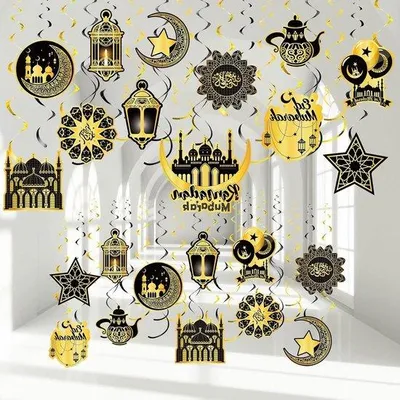 Immagine prodotto di Decorazioni per la festa dell'Eid al-Fitr: set "Eid Mubarak" da 24 pezzi - nero e oro - decorazioni a spirale da appendere per l'Eid al-Fitr
