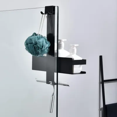 Produktbild von Edelstahl-Hängeregal matt schwarz für Glas-Duschwand - Duschregal mit Shampoohalter und Haken