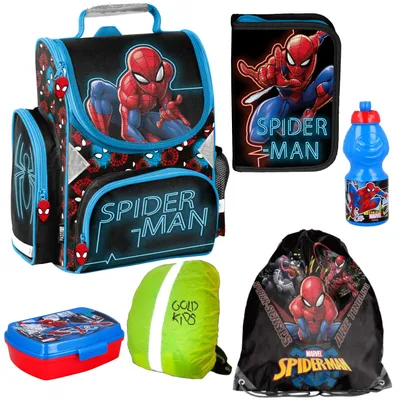 Produktbild von Spiderman Schulranzen ergonomischer Ranzen Federmappe Trinkflasche Brotdose Turnbeutel Regenschutz Grundschule 6er Set Lizenzartikel Marvel Spiderman Spider-man Comics Mehrfarbig