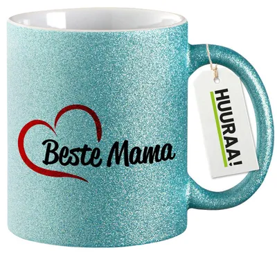 Produktbild von Huuraa Glitzertasse Beste Mama Herz 330ml Blau Keramik Kaffeebecher Geschenkidee