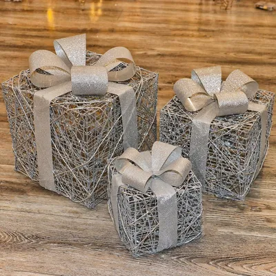 3er-Set leuchtende Weihnachtsboxen, 45 warmweiße LEDs, silber