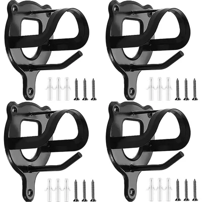 Four black metal bridle racks with screws and wall plugs are arranged in a grid on a white background.