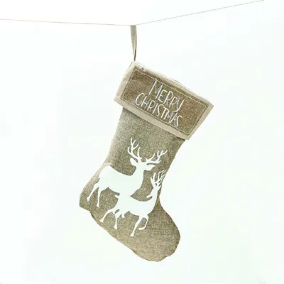 Image de Chaussette de Noël lumineuse ACA, beige foncé avec décorations (renne), 26 x 47 cm, X071174