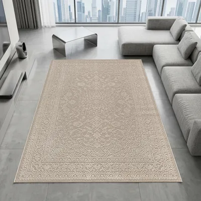 Obrázok produktu pre Recyklovaný koberec, farba taupe, ornamentálny vzor, moderný štýl, vhodný do obývačky, rozmer: 80 x 150 cm