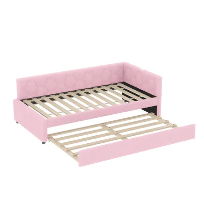 Produktbild von Merax Tagesbet 90x200cm mit Ausziehbett und USB & Typ-C Anschluss, Polsterbett Schlafsofa mit Nachttischlampe, Kinderbett im modernen Design, Rosa