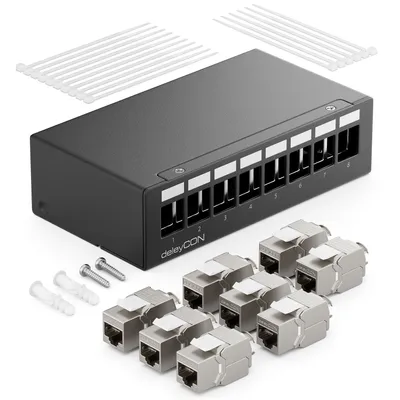 Produktbild von deleyCON 8 Port CAT7 Patchpanel Set mit 8x CAT.7 RJ45 Keystone Jack Modul STP 10 Gbit/s - Verteilerfeld Kompatibel mit Verlegekabel CAT6 CAT6a CAT7 CAT8 Ethernet LAN DSL Netzwerkkabel - Schwarz