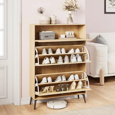 Produktbild von UnboxG Rattan Schuhschrank Schmal, Schuhregal mit 3 Klappen, Schuhkipper mit Verstellbar, Schuhaufbewahrung Holz, Schuhablage Schuhkommode für Eingang, Wohnzimmer, Flur, 80x24x114 cm, Holzfarbe