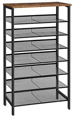 Image de Étagère à chaussures, 8 niveaux, étroite, 75x30x137 cm, style vintage, couleur marron et noir, en métal, capacité pour 24 à 32 paires