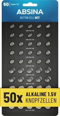 A package of 50 ABSINA Alkaline Button Cell batteries.