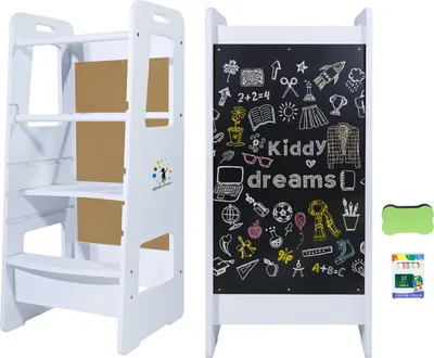 Produktbild von Kiddy dreams Lernturm Lernstuhl Kinderstuhl Küche Learning Tower Kindertritt Montessori-turm, Color:02：Mit Tafel,Weiß