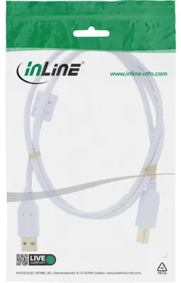 Produktbild von InLine USB 2.0 Kabel, A an B, weiß / gold, mit Ferritkern, 1m, 1 m, USB A, USB B, Stecker/Stecker, 0,48 Gbit/s, Weiß