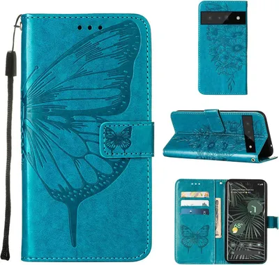 Produktbild von Google Pixel 6 Pro Hülle, Schmetterling Prägung Flip Leder Kartenfächer Schutzhülle Ledertasche mit Ständer für Google Pixel 6 Pro Blau