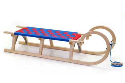 A wooden sled with a blue and red woven seat is shown against a white background.