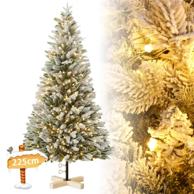 Obrázok produktu pre LARS360 Umelý vianočný stromček, výška 225 cm, s dreveným stojanom a LED osvetlením, typ D, s efektom snehu, vyrobený z PVC a PE, 8 režimov osvetlenia, teplá biela