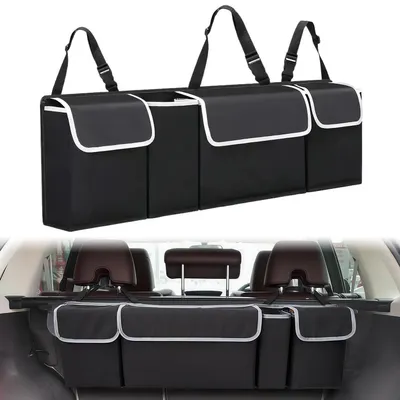 Produktbild von Kofferraum Organizer Auto, Wasserdicht Oxford Stoff, Rücksitz Tasche, 4 Fächer, Universell, 92x28x10 cm