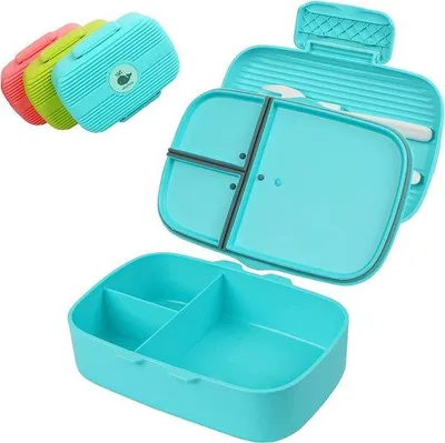 Immagine prodotto di Contenitore per il pranzo Unyqoos® Bento-Box con 3 scomparti – 720 ml (130+130+460 ml), realizzato in PP  LFGB, con guarnizione in silicone a prova di perdite, adatto al microonde, parzialmente lavabile in lavastoviglie, colore blu, dimensioni 18,8×14×6,8 cm