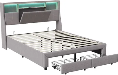 Image de ProximaX lit rembourré 160x200cm avec USB et prises de courant, lit double pour adolescents avec 2 tiroirs, lit de rangement lit en bois massif avec LED/Type C et sommier à lattes, lin, gris