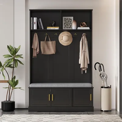 Produktbild von Garderobenset mit Schuhbank Flurgarderobe Flurmöbel Wandgarderoben-Set 120×40×191cm Schwarz