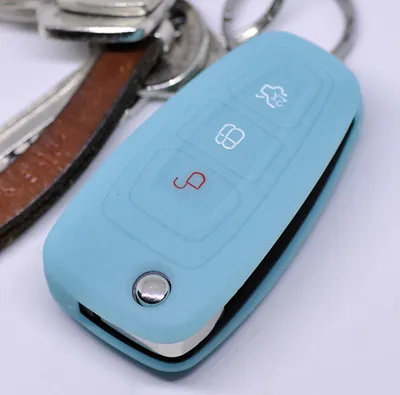 Produktbild von Auto Schlüssel Hülle Silikon Schutz Cover Fluoreszierend Blau kompatibel mit Ford Mondeo Focus S-Max Fiesta Transit 3 Tasten Klappschlüssel