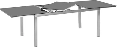 A gray extendable table with a silver metal frame against a white background.