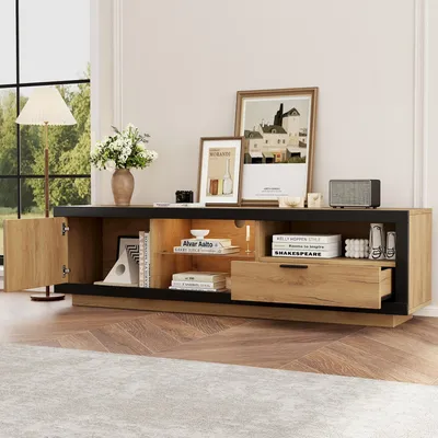 Produktbild von STILVORA TV-Schrank Lowboard Beistellschrank mit Glasböde,geeignet für Fernseher bis 70/65/55 Zoll,Fernsehbank mit Aufbewahrungsfuktion, Schwarz+Eiche