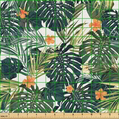 Produktbild von ABAKUHAUS Grün Gewebe als Meterware, Hawaiian Sommer Aloha Muster mit tropischen Pflanzen und Hibiskusblüten, 3 M (148 x 300 cm), Grün Dunkel Teal orange