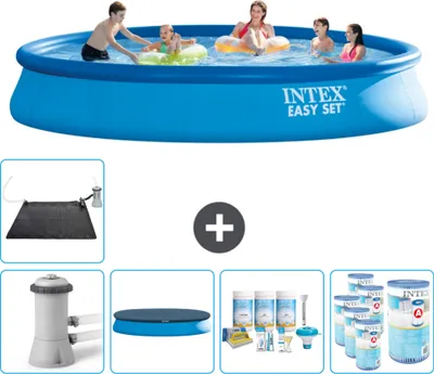 Produktbild von Intex runder aufblasbarer Easy Set-Schwimmpool – 457 x 84 cm – Blau – inklusive Pumpe Abdeckung - Wartungspaket - Filter - Solarmatte
