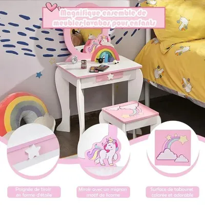 Image de Table de maquillage pour enfants avec miroir amovible et tiroir de rangement