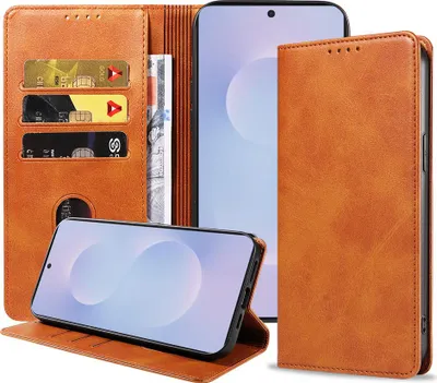 Image de Etui pour téléphone Samsung Galaxy S25 Edge Etui en simili cuir avec fermeture magnétique et porte-cartes Etui avec rabat - Etui portefeuille avec porte-cartes - Marron - Smartphonica