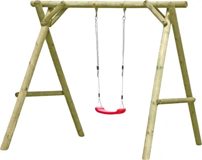 A wooden swing set with a red swing, isolated on a white background.