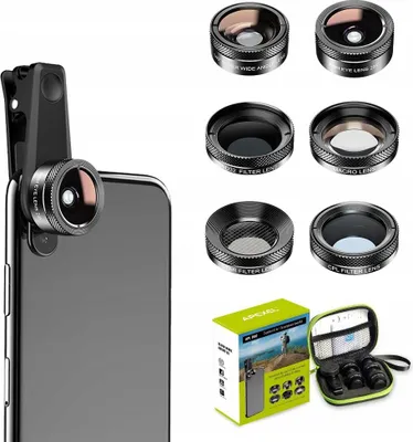 Produktbild von APEXEL 6-in-1 Objektiv-Filter-Set: Makro 25x / Weitwinkel / Grauer ND32-Filter / Sternenfilter / Fischaugenobjektiv / CPL-Filter für Smartphone. (Modell: APL-DG6)
