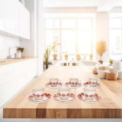 Produktbild von Famanu Kaffeetassen Set mit Untertassen - Arabische Dekorationen, 90 ml, Weiß und Rot